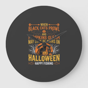 Halloween-Schwarze-Katze-Kürbis-Glücklicher-Angeln Große Wanduhr