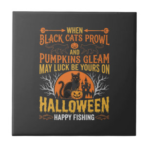 Halloween-Schwarze-Katze-Kürbis-glückliches-Angeln Fliese