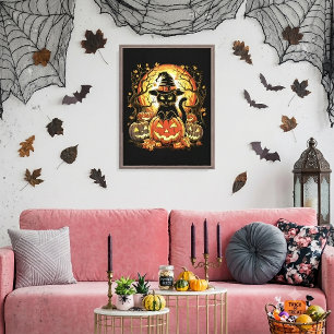 Halloween schwarze Katze Kürbis Hexenkatze Gruseli Leinwanddruck