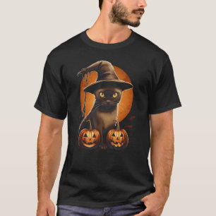 Halloween-Schwarze-Katze-Kürbis-Mond-Grafik für Mä T-Shirt