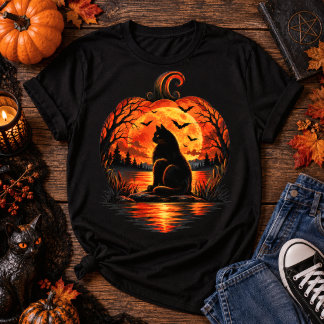 Halloween schwarze Katze Kürbis Mond T-Shirt