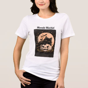 Halloween-Schwarze Katze & Kürbis Mondlicht Grafik Tri-Blend Shirt