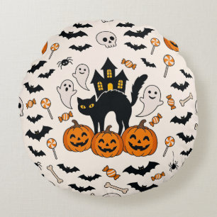 Halloween-Schwarze Katze & Kürbis-Spukhaus Rundes Kissen