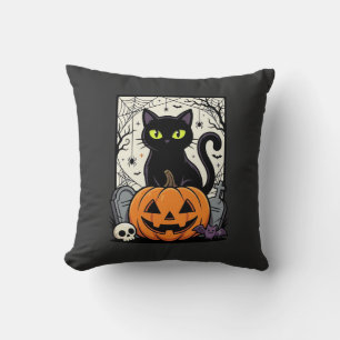 Halloween-Schwarze-Katze-Kürbis-Vektorgrafik Kissen