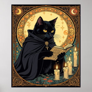 Halloween-Schwarze Katze liest ein Buch Poster