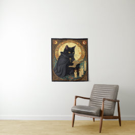 Halloween schwarze Katze liest ein Buch Wandteppich
