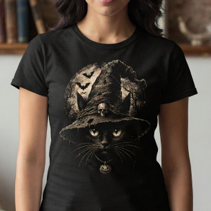 Halloween schwarze Katze mit Hexenhut, Fledermäuse T-Shirt