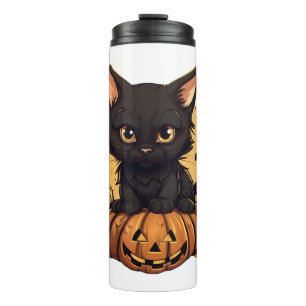 Halloween-Schwarze Katze mit Kürbis bei Sonnenunte Thermosbecher