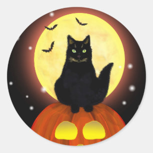 Halloween Schwarze Katze mit Kürbis Runder Aufkleber