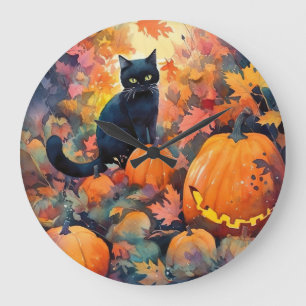 Halloween-Schwarze-Katze-mit-Kürbissen-gruselige-W Große Wanduhr