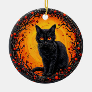 Halloween-Schwarze Katze mit leuchtenden Augen Keramik Ornament