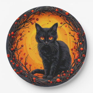 Halloween-Schwarze Katze mit leuchtenden Augen Pappteller