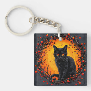 Halloween-Schwarze Katze mit leuchtenden Augen Schlüsselanhänger