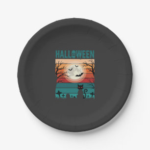 Halloween schwarze Katze Mond Friedhof Retro-Vekto Pappteller