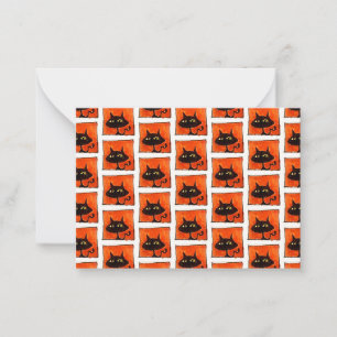 Halloween-Schwarze-Katze-Orange-Quadrate-Cartoon Mitteilungskarte