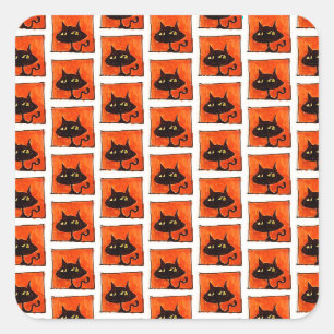 Halloween schwarze Katze orange Quadrate Cartoon Quadratischer Aufkleber