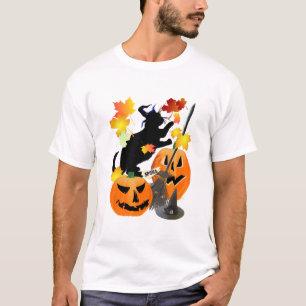 Halloween schwarze Katze schlägt schöne Blätter T-Shirt