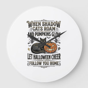 Halloween-Schwarze-Katze-Shirt-Vintage-Kürbis-Grav Große Wanduhr
