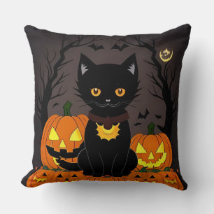 Halloween-Schwarze Katze umgeben von Kürbislaterne Kissen
