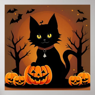 Halloween-Schwarze Katze umgeben von Kürbislaterne Poster