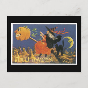 Halloween schwarze Katze und Hexe Postkarte