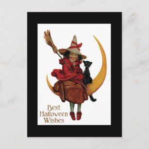 Halloween schwarze Katze und Hexe Postkarte