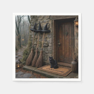 Halloween schwarze Katze und Hexenbesen Serviette