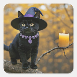 Halloween schwarze Katze und Hexenhut Kerze Mystis Quadratischer Aufkleber