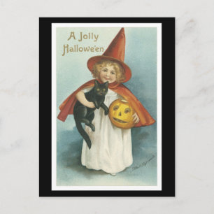 Halloween schwarze Katze und Hexenmädchen Postkarte