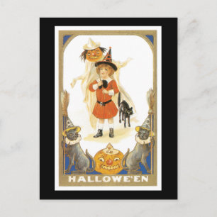 Halloween-Schwarze Katze und Hexenmädchen Postkarte