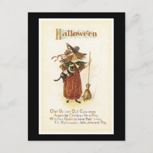Halloween schwarze Katze und Hexenmädchen Postkarte