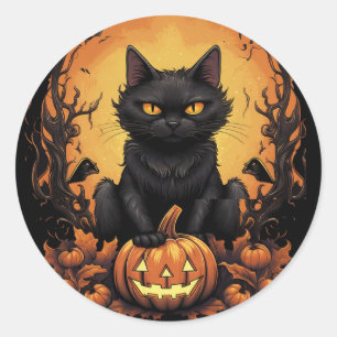 Halloween Schwarze Katze und Kürbis Runder Aufkleber