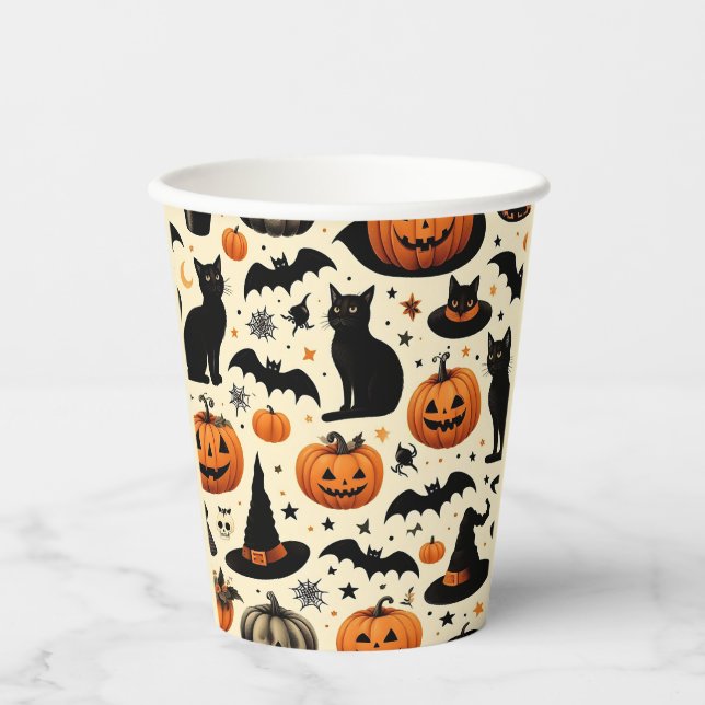 Halloween-Schwarze Katze und Kürbismuster Pappbecher (Vorderseite)