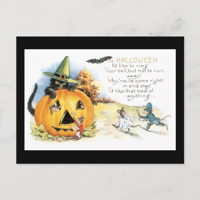 Halloween schwarze Katze und Maus Postkarte (Vorderseite)