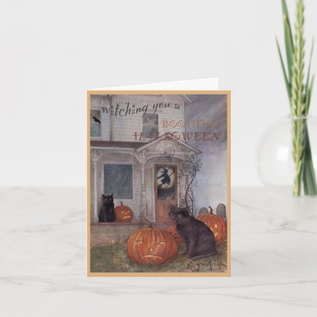 HALLOWEEN SCHWARZE KATZE UND Spuk Haus Karte (Vorderseite)