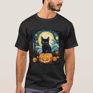 Halloween schwarze Katze Van Gogh Hexe Sternennach T-Shirt