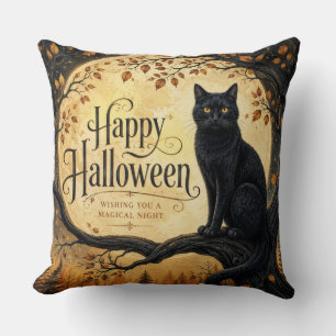 Halloween schwarze Katze Vollmond Baum Kissen