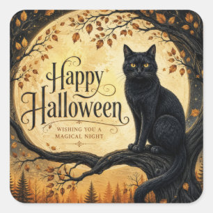 Halloween schwarze Katze Vollmond Baum Quadratischer Aufkleber