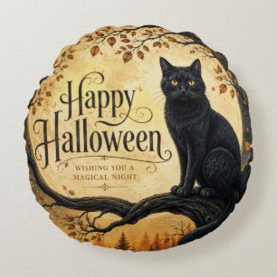 Halloween schwarze Katze Vollmond Baum Rundes Kissen
