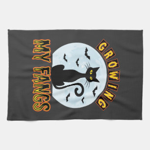 Halloween-Schwarze-Katze-Wachsender-Fang-Design Geschirrtuch