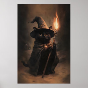 Halloween-Schwarze-Katze-Zauberer-Vintage-Druck Poster