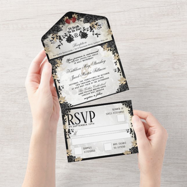 Halloween Schwarze Rose Hochzeitsskelette All In One Einladung (Abreißen)