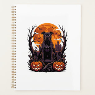 Halloween Schwarzer Pitbull Thron Kürbisse Vollmon Planer