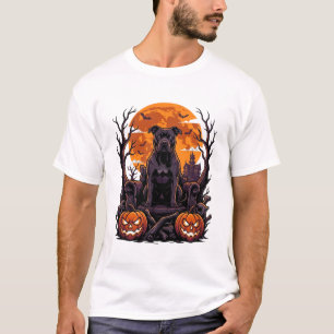 Halloween Schwarzer Pitbull Thron Kürbisse Vollmon T-Shirt