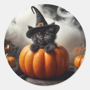 Halloween schwarzes Kätzchen im Kürbis Runder Aufkleber