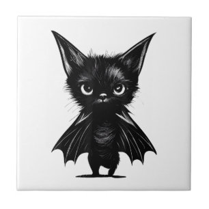 Halloween Schwarzes Kätzchen in Bat-Kostüm Fliese