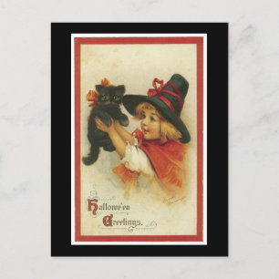 Halloween schwarzes Kätzchen und Hexenmädchen Postkarte