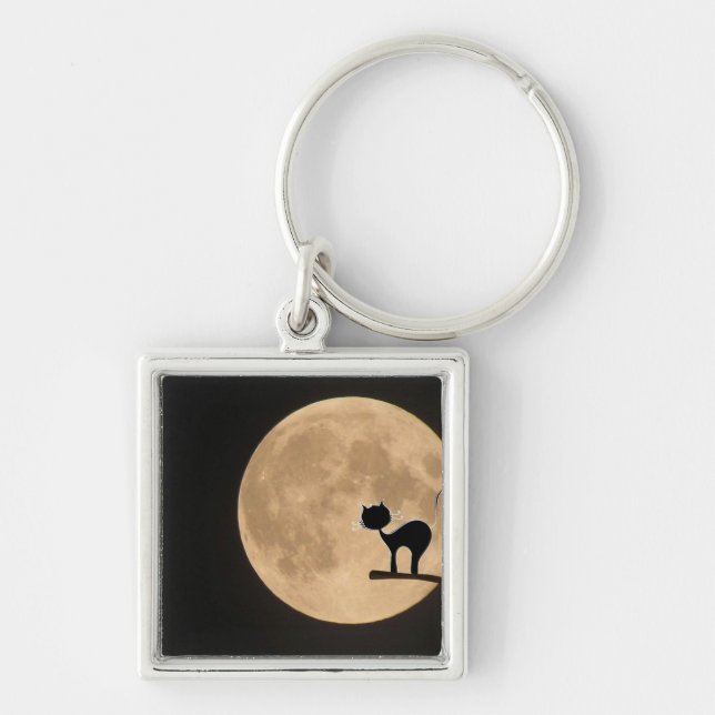 Halloween-Schwarzkatze mit Vollmond Schlüsselanhänger (Vorne)