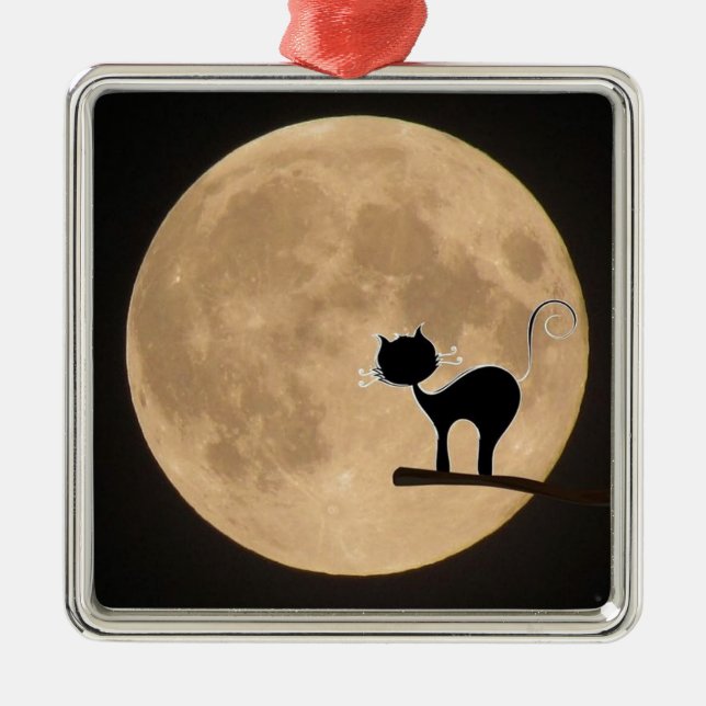 Halloween-Schwarzkatze mit Vollmond Silbernes Ornament (Vorne)