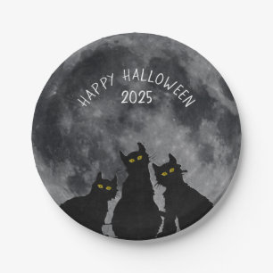 Halloween-Schwarzkatzen auf Vollmond Pappteller